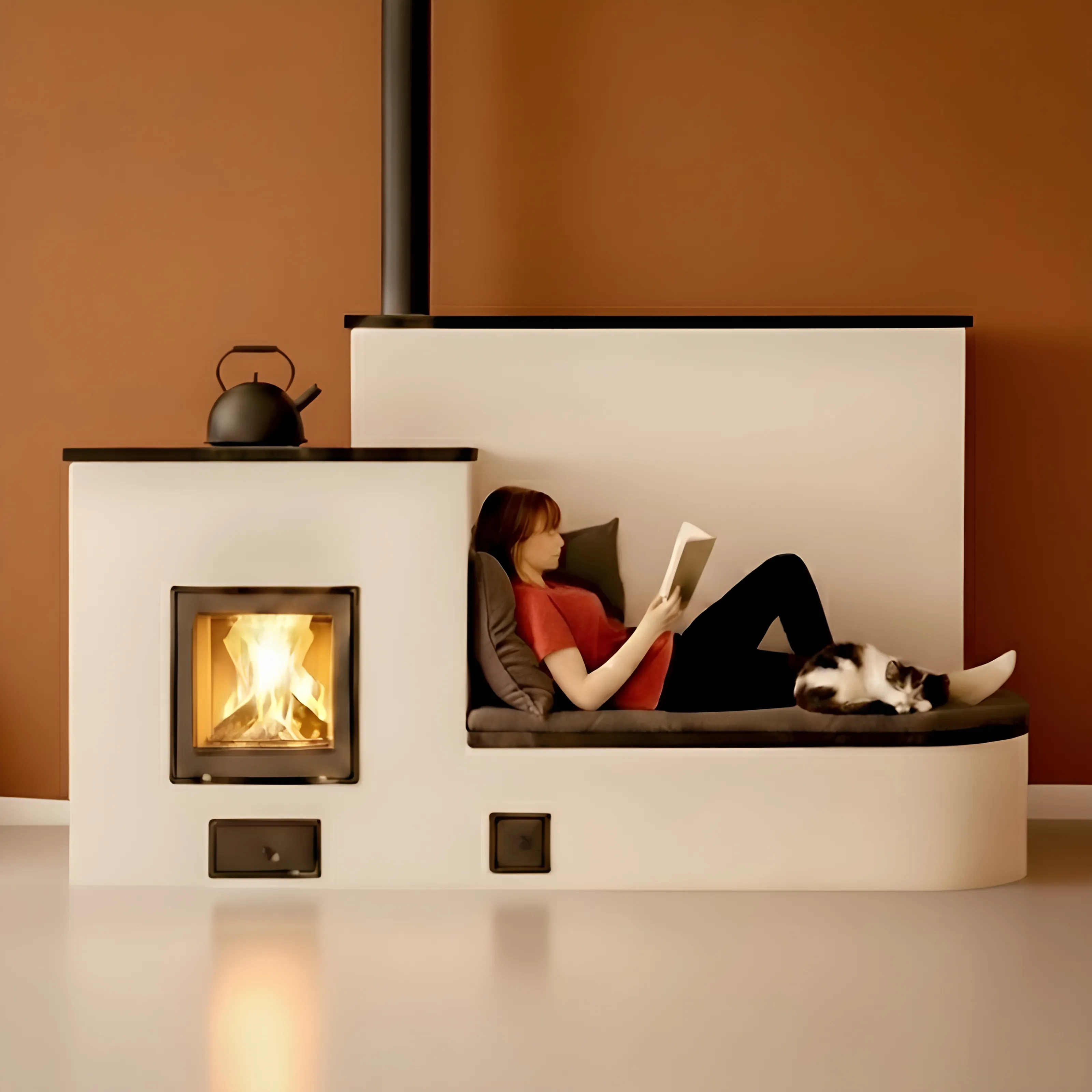 Poêle de masse artisanal en brique avec banc chauffant